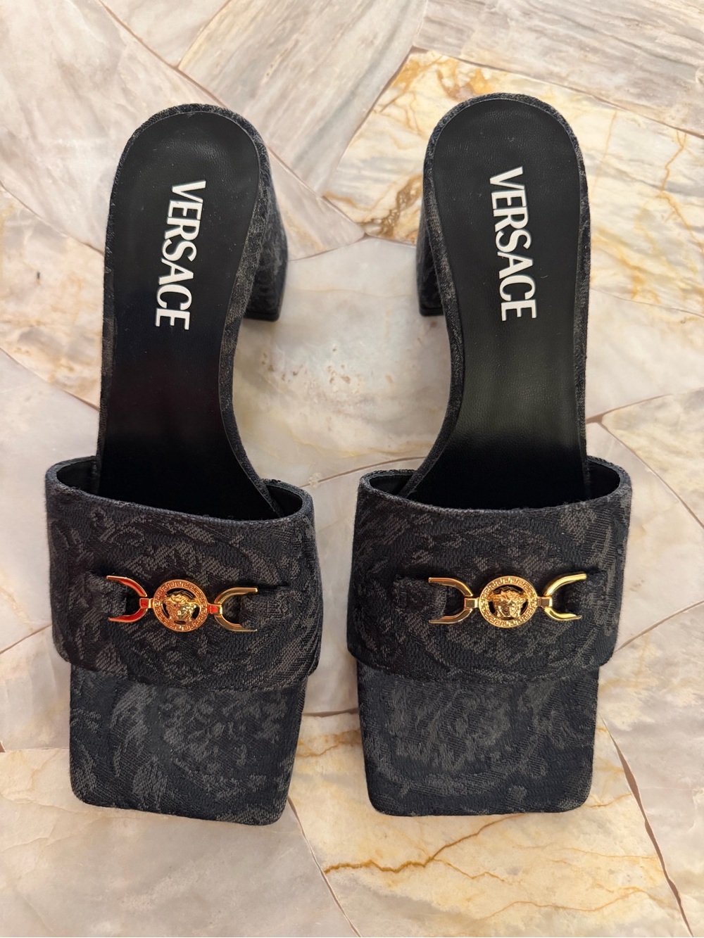 Versace Black Jacquard Block Heel Mules with Gold Medusa Accent
